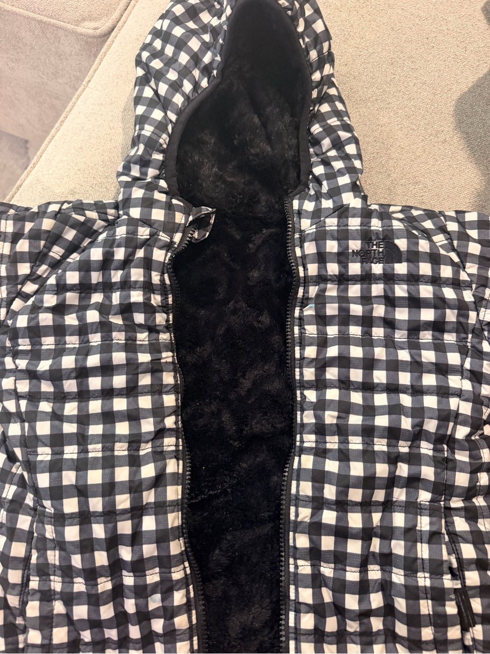 The North Face Kids Black & White Gingham Hooded Puffer Jacket